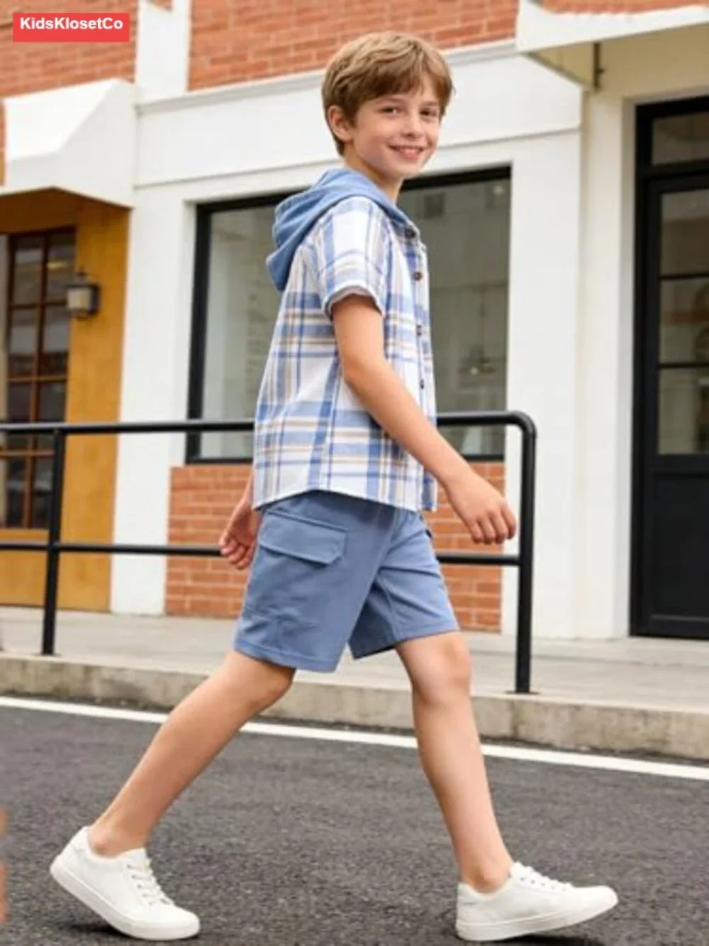 Boys 2 Piece Plaid Hoodie and Shorts Set Summer Outfit